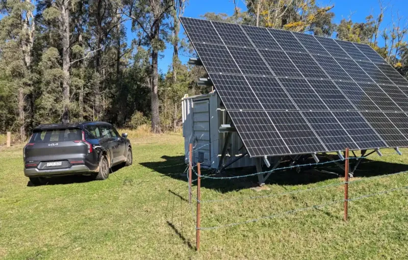 Kia EV9 charging from my brother’s off-grid solar and battery system. Image: Anthony Eden