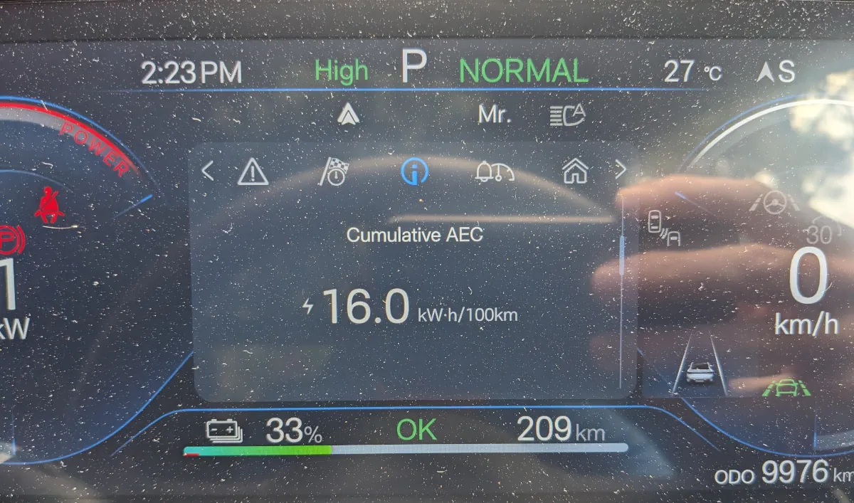 Cumulative AEC read out was 16.0 kWh/100 km. Image: Tim Eden