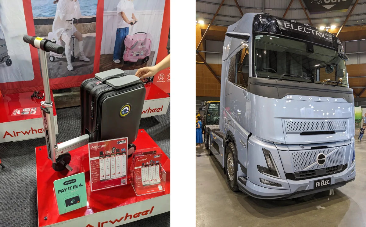 Airwheel’s electric luggage is tiny compared to the Volvo FH electric truck. Image: Tim Eden