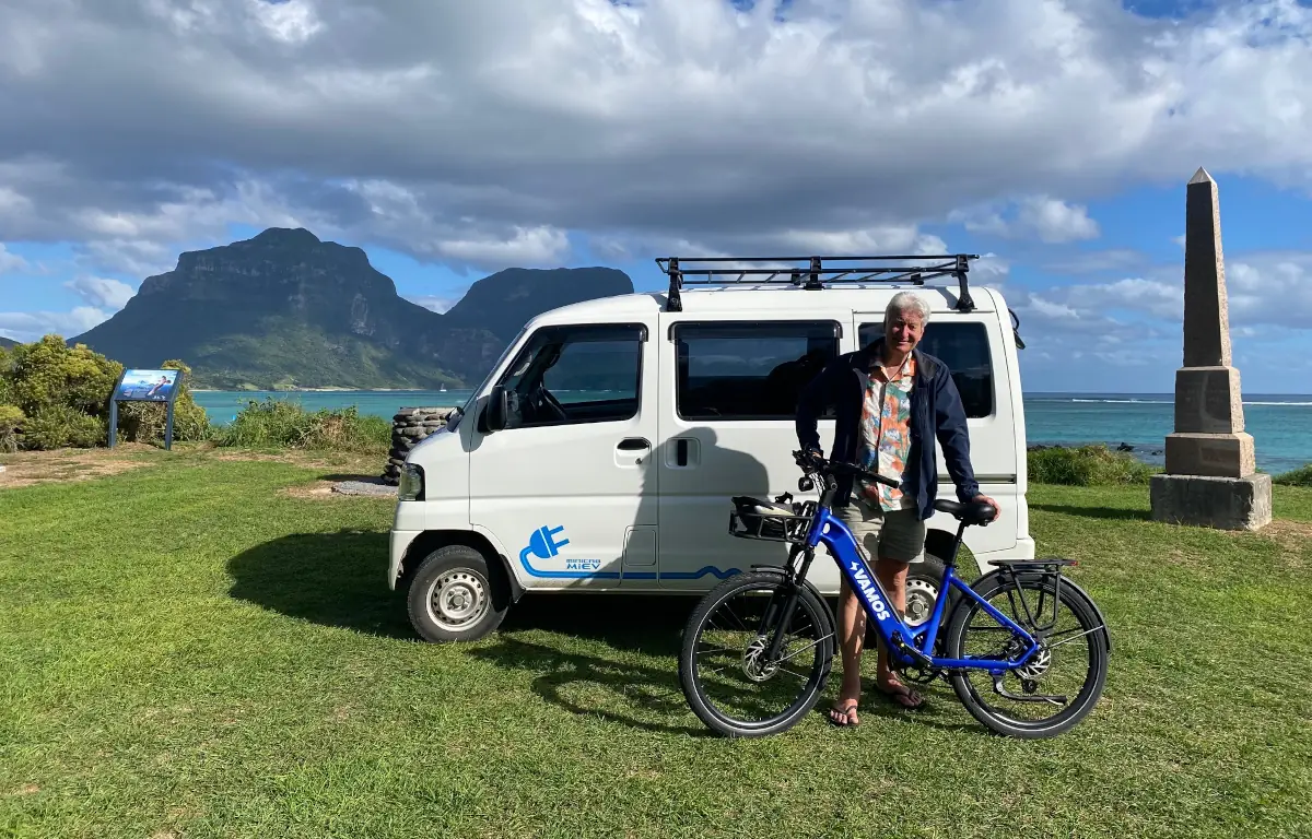 Chris Murray with his Vamos e-bike and iMiEV at Signal Point. Source: Chris Murray.