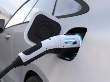 The electric car is fully charged with a battery, Charging technology, Clean energy filling technology. 3D illustration
