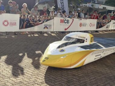 Germany's Team Sonnenwagen was first to be waved off for the 3000 km journey, powered by the sun. (Lloyd Jones/AAP PHOTOS)