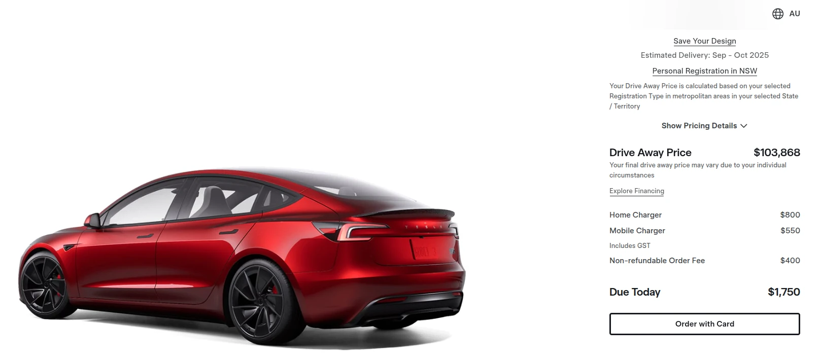 Fully loaded Tesla Model 3 Performance. Source: Tesla website