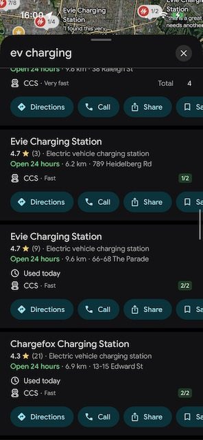 Google Maps Screen showing charging success on search