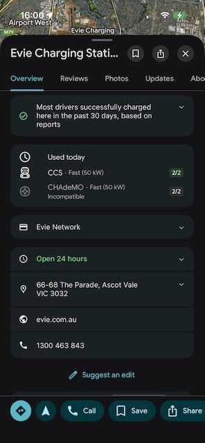 Charging success showing Evie Netyworks Site on Google Maps iPhone