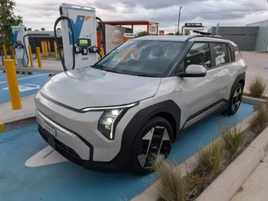 Kia EV3 Earth in Ivory Silver charging at Evie Wodonga. Source: Tim Eden
