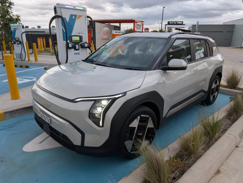Kia EV3 Earth in Ivory Silver charging at Evie Wodonga. Source: Tim Eden