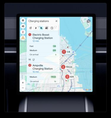 Full screen preview of google maps showing predictive charger availability on Google