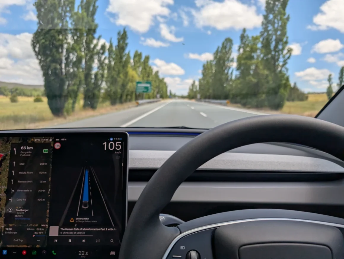 View from the Tesla Model 3 dash, including an indicator stalk. Source: Tim Eden