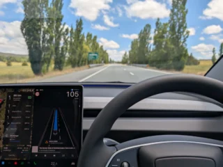 View from the Tesla Model 3 dash, including an indicator stalk. Source: Tim Eden