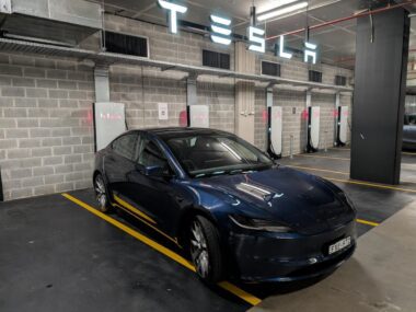 Tesla Model 3 charging at Eastlakes Supercharger. Source: Tim Eden