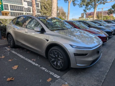 Tesla Model Y L in Cosmic Silver (exclusive to the Y L variant) parked at Tesla Sydney. Source: Tim Eden