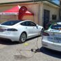 Two Tesla Model 3s - one of them a Targa West winner - at the Caiguna roadhouse. Supplied